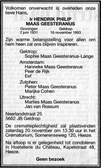 Overlijdensbericht H.P. (Hans) MG (1993)